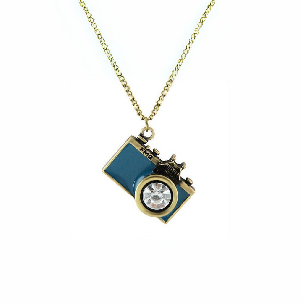 Vintage Camera Necklace in Teal | Antique Brass Long Chain