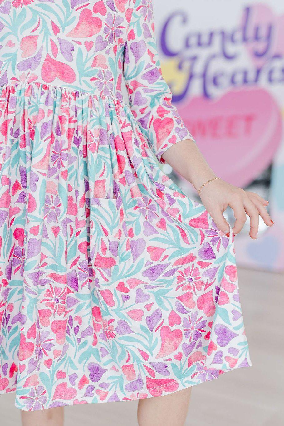 SALE Watercolor Hearts 3/4 Sleeve Pocket Twirl Dress
