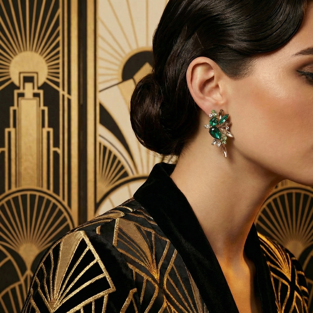 Wings of Emerald Jeweled Cluster Earrings