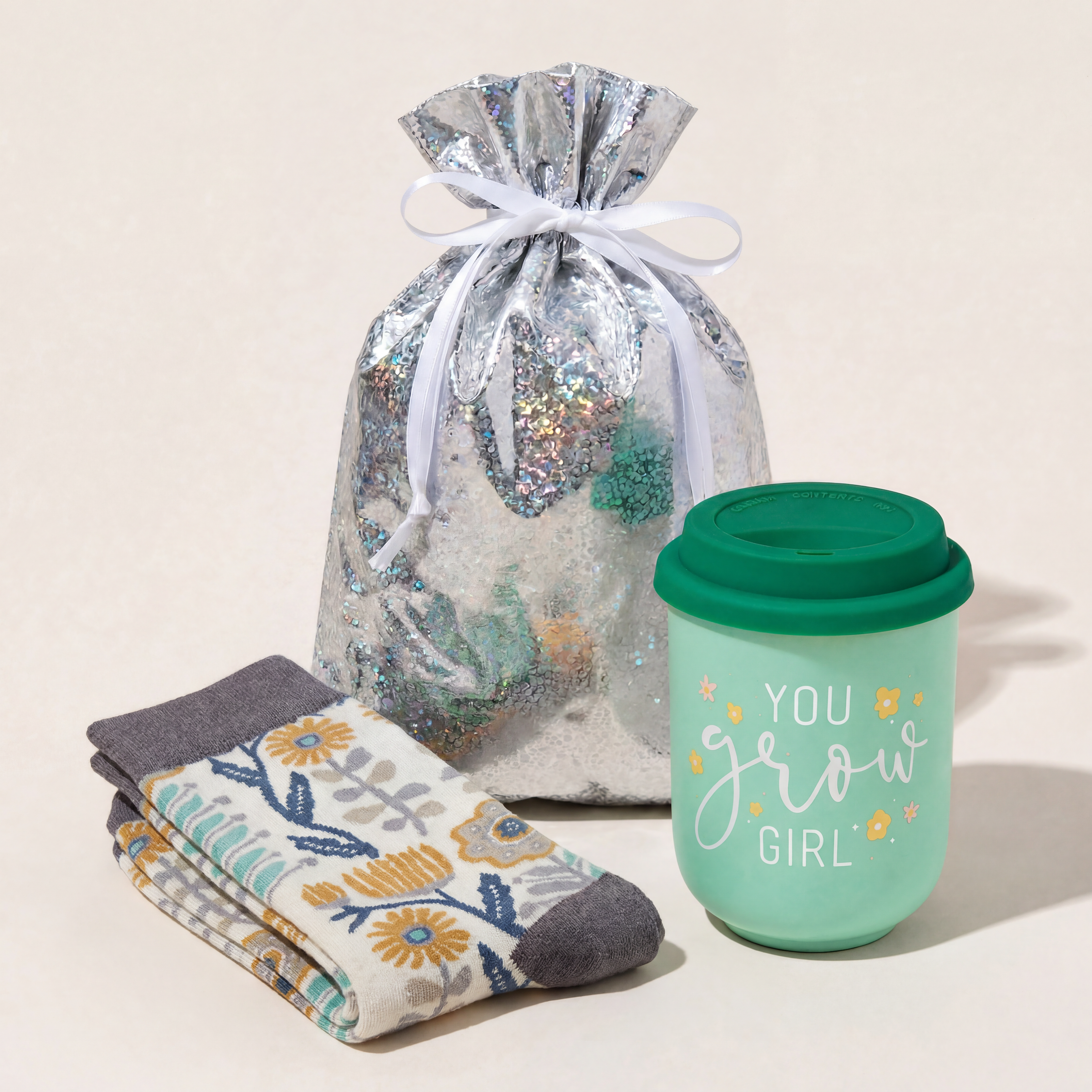 You Grow Girl Gift Set | Travel Mug & Folk Art Floral Socks in Gift Bag | Ready to Gift!