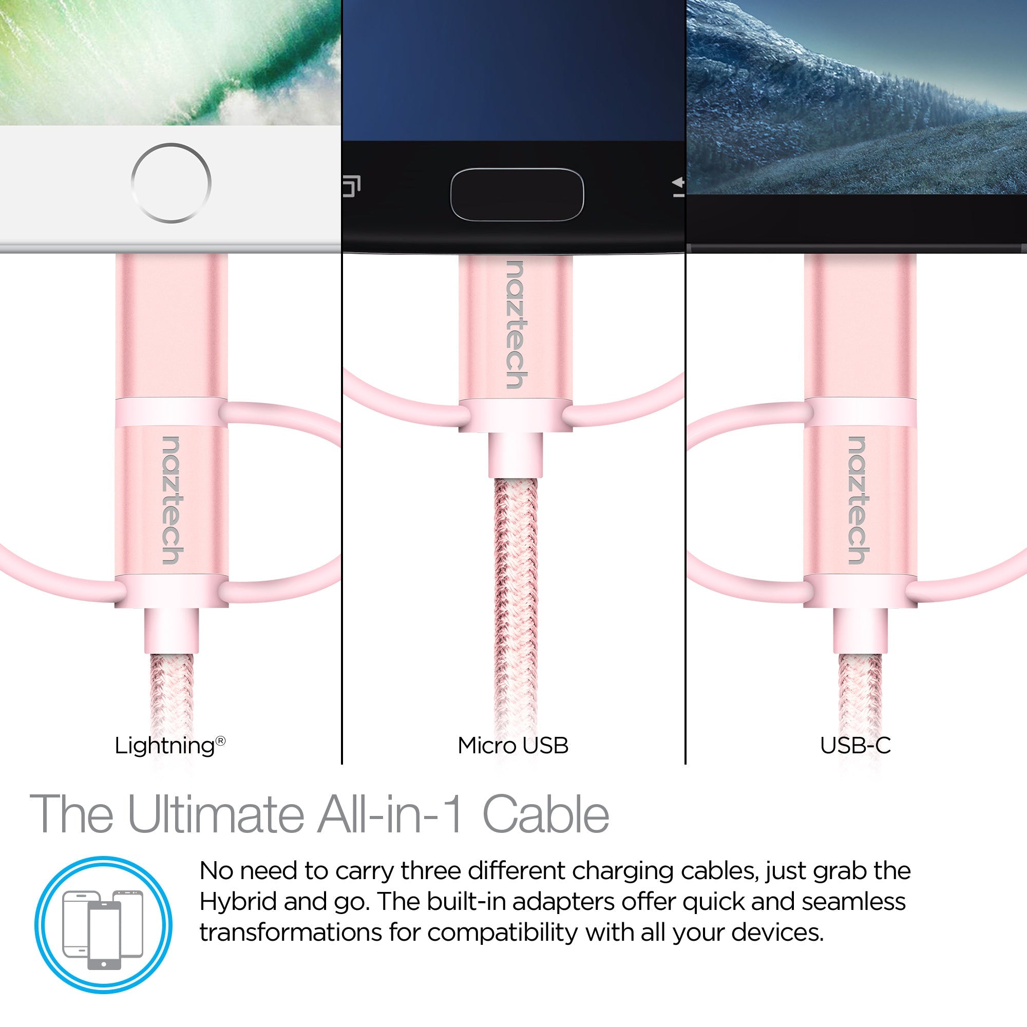 Naztech 3X1 Micro Lightning & USB-C Charge & Sync 6ft Cable