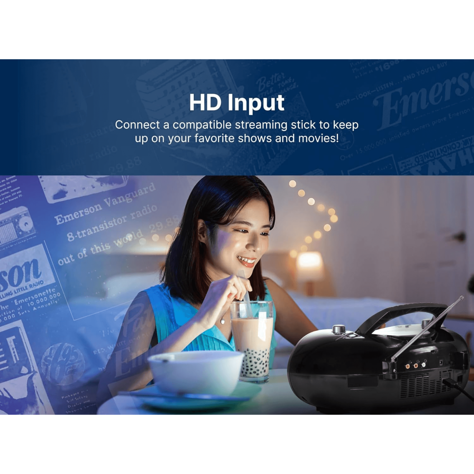 Emerson 7” Bluetooth DVD Boombox with HD-INPUT AM/FM Radio and Stereo Speakers