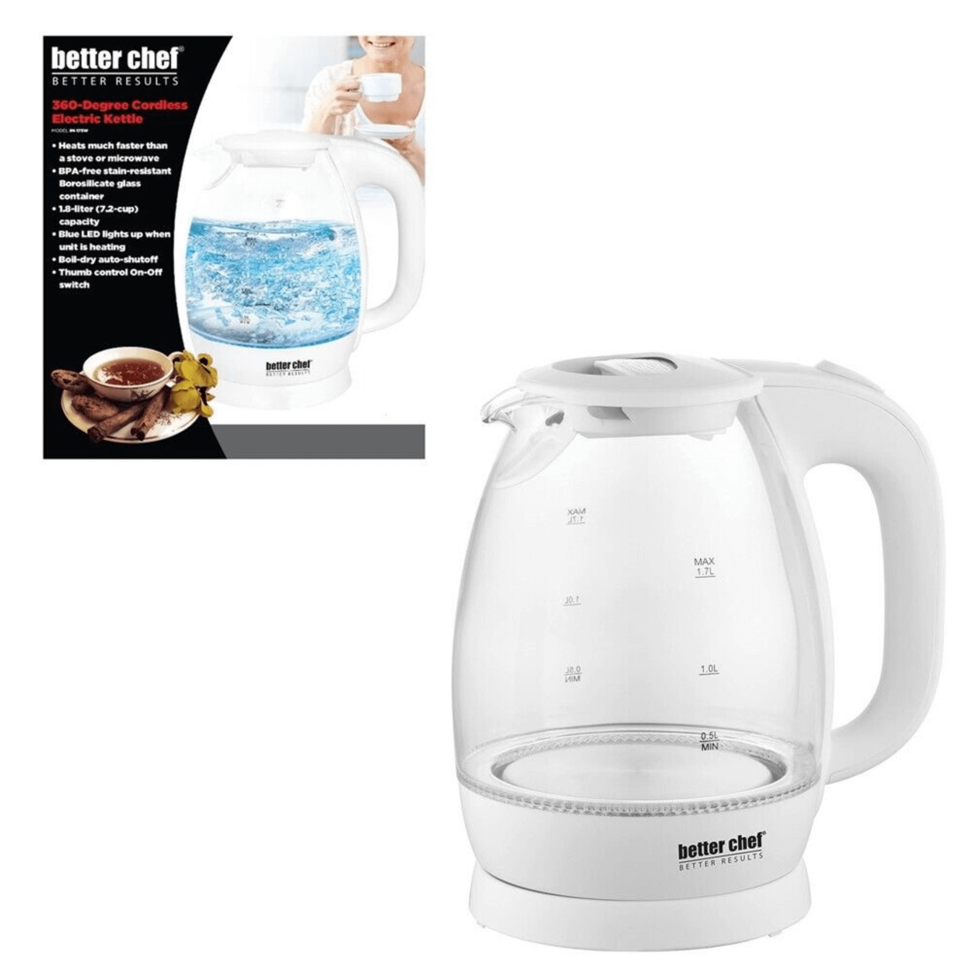 Better Chef 7-Cup Cordless Borosilicate Glass Electric Kettle with LED Light