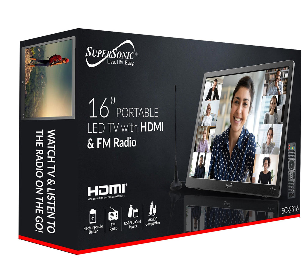 Supersonic Portable 16" 12 Volt Digital LED TV with USB, SD, and HDMI Input, Built-in Rechargeable Lithium Ion Battery and FM Radio (SC-2816)