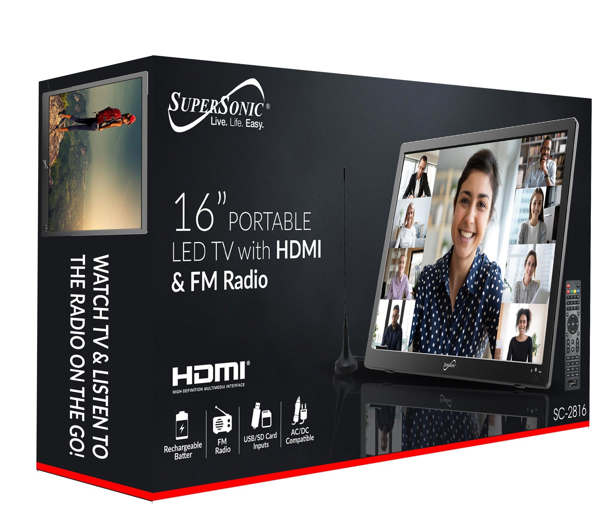 Supersonic Portable 16" 12 Volt Digital LED TV with USB, SD, and HDMI Input, Built-in Rechargeable Lithium Ion Battery and FM Radio (SC-2816)