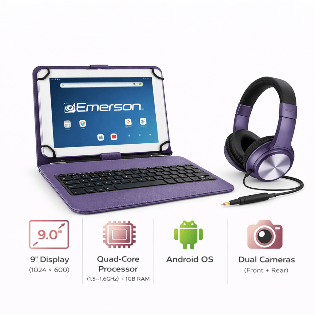 Emerson 9” Quad Core Tablet with Android 14 Purple - Refurbished