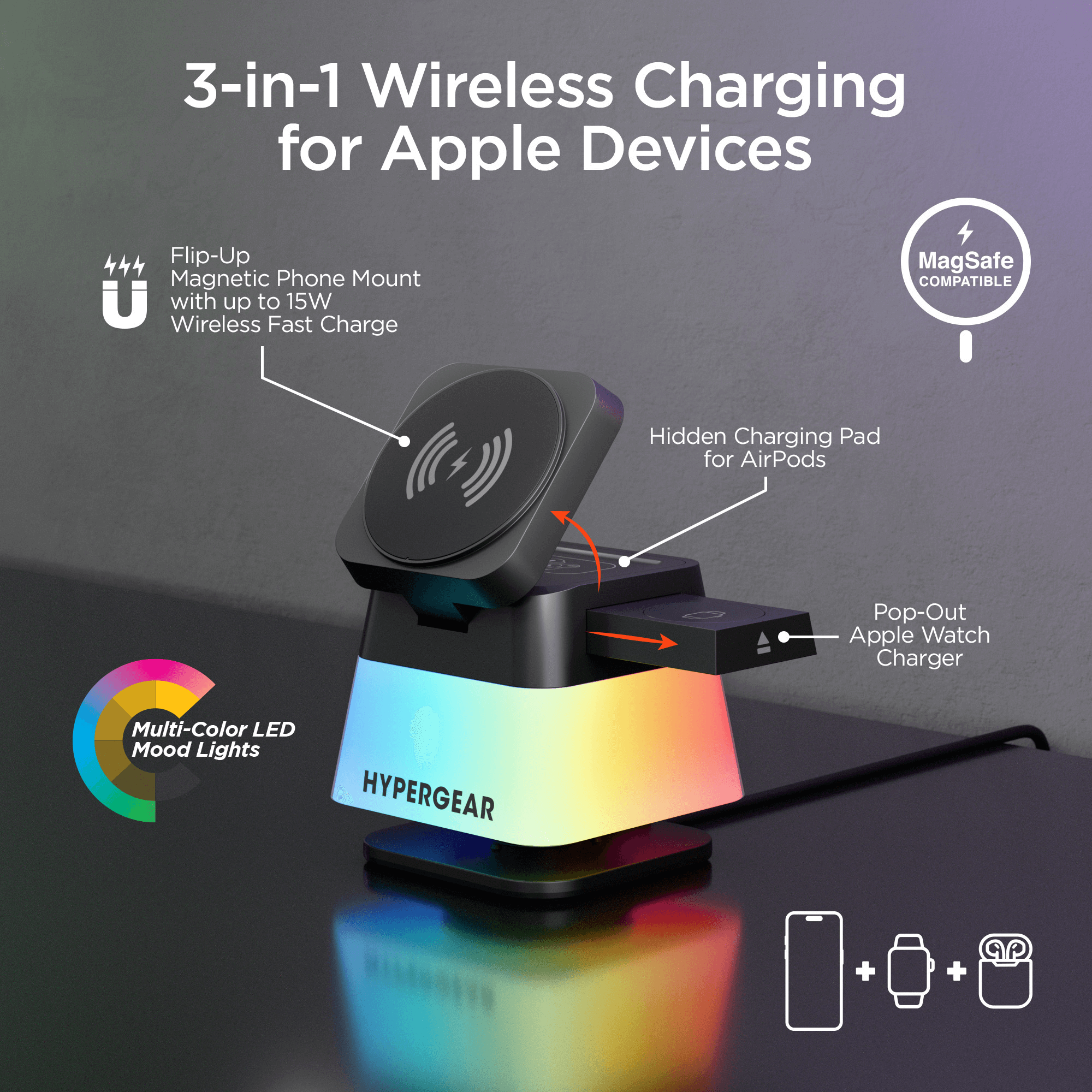 HyperGear PowerFold Cube RGB 3-in-1 Wireless Charging Stand