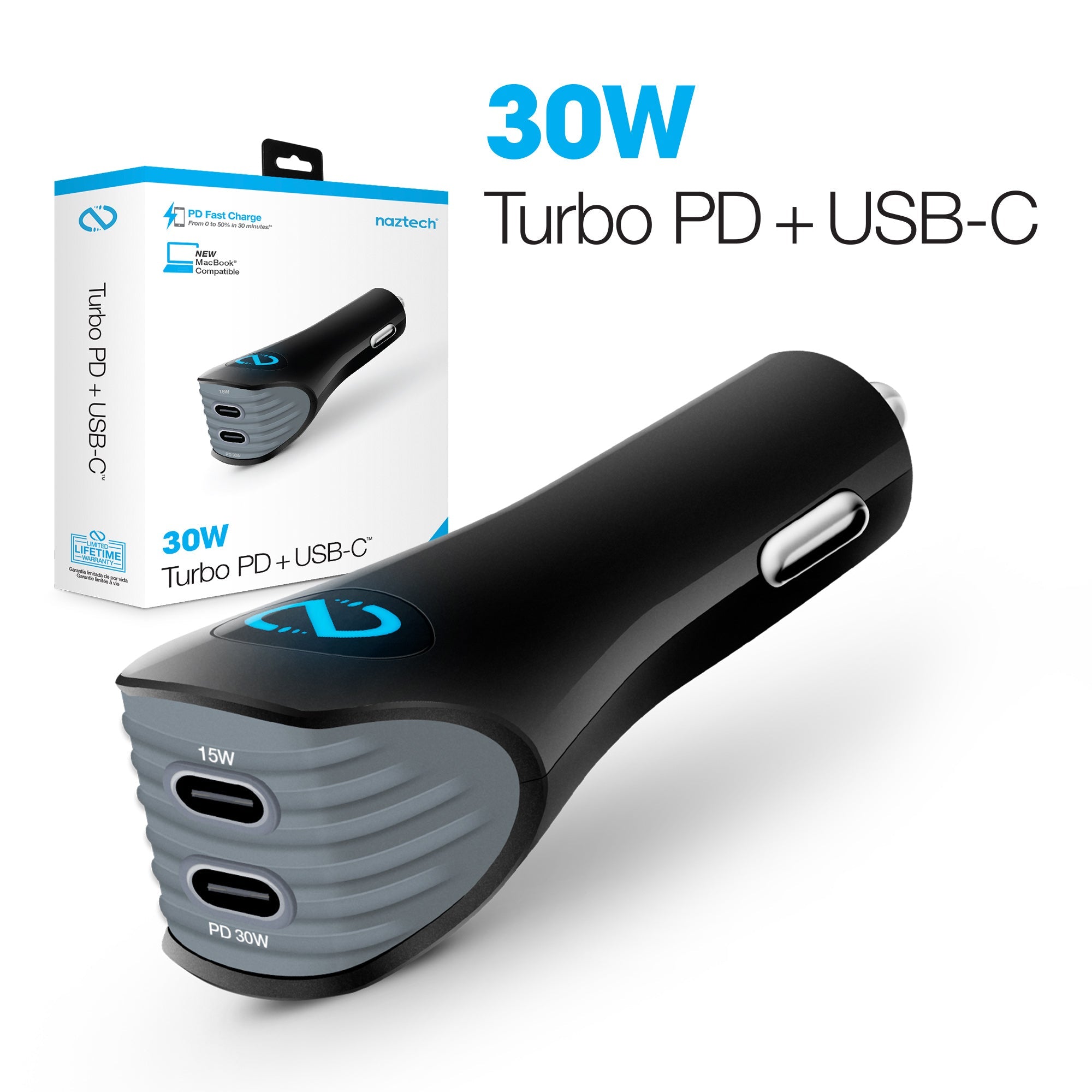 Naztech Turbo 30W USB-C PD + USB-C Car Charger