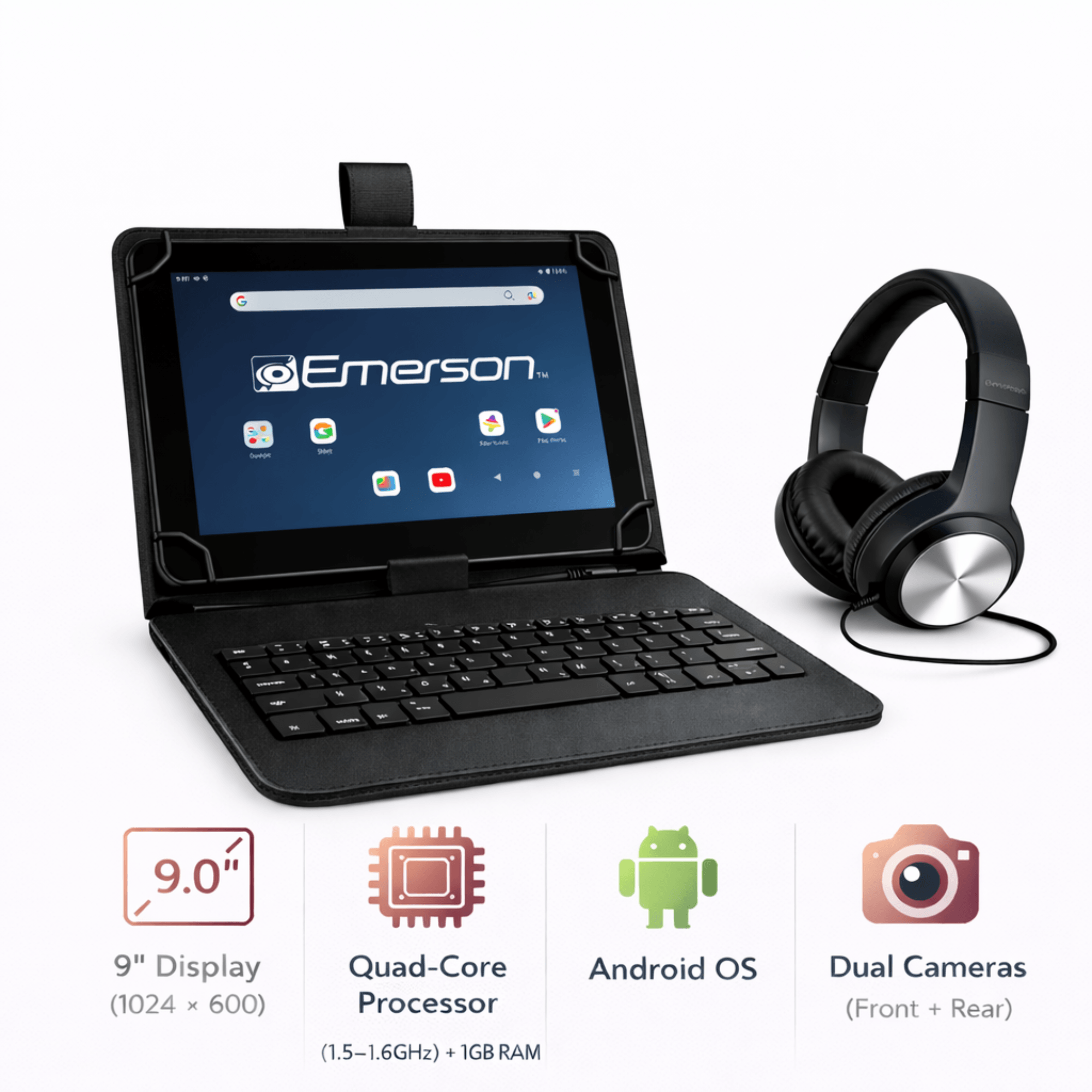 Emerson 9” Quad Core Tablet with Android 14 Black - Refurbished