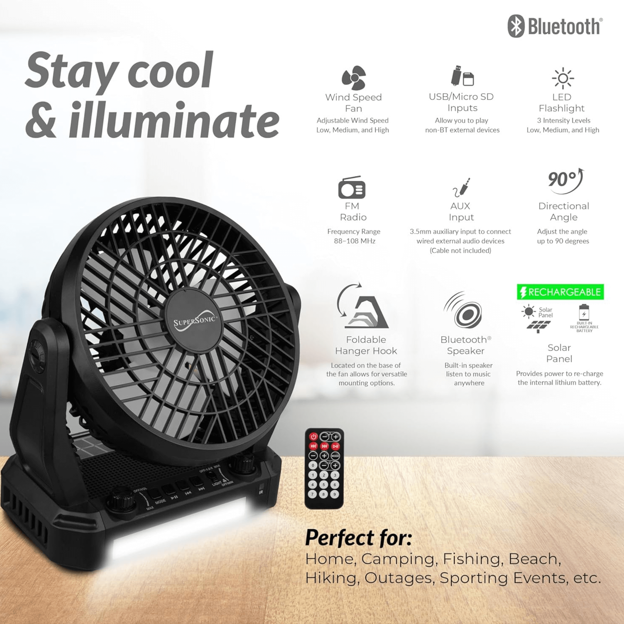 Supersonic Solar-Powered BT Speaker with FM Radio, LED Flashlight, and Fan
