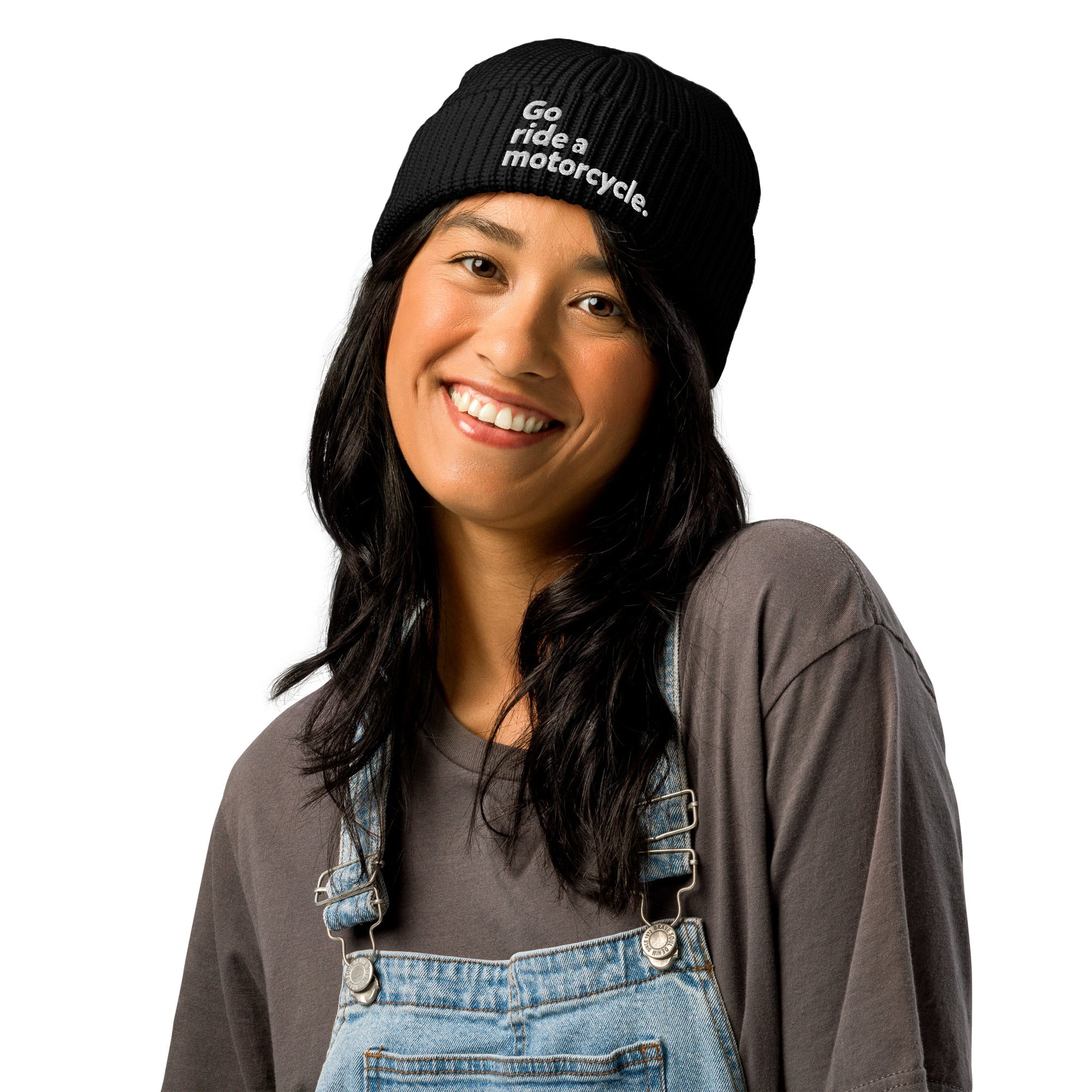 "Go ride a motorcycle" Embroidered Dark Fisherman Beanie