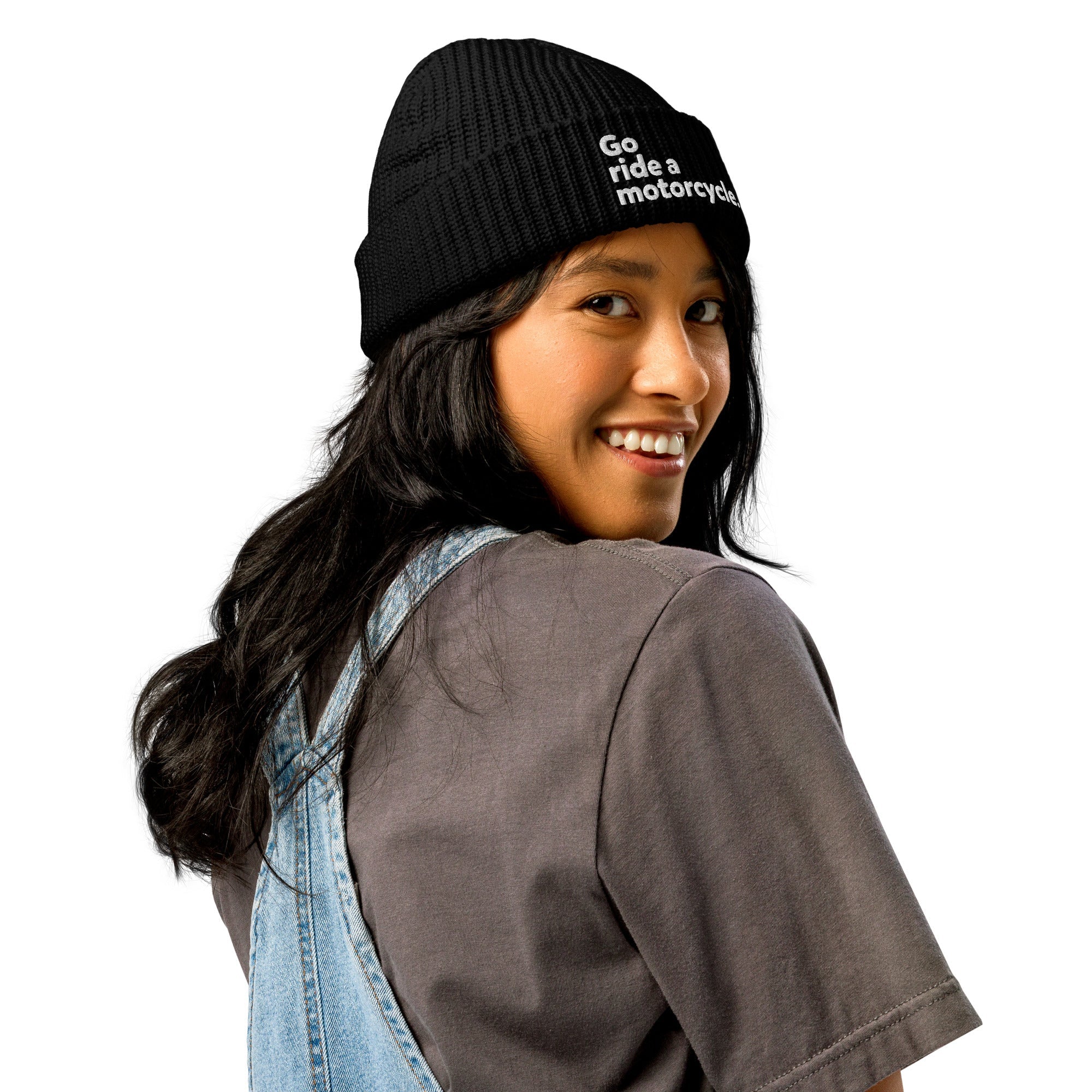 "Go ride a motorcycle" Embroidered Dark Fisherman Beanie