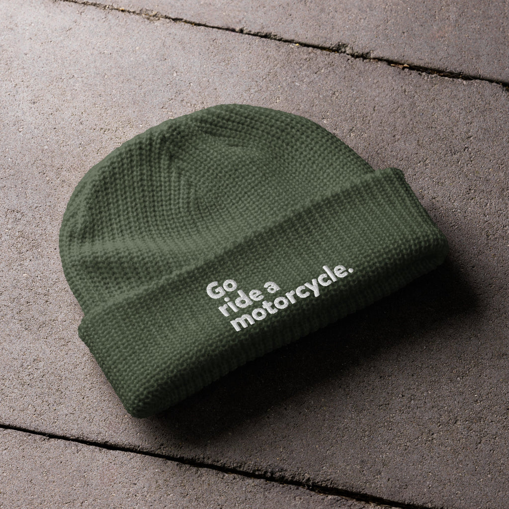 "Go ride a motorcycle" Embroidered Dark Fisherman Beanie