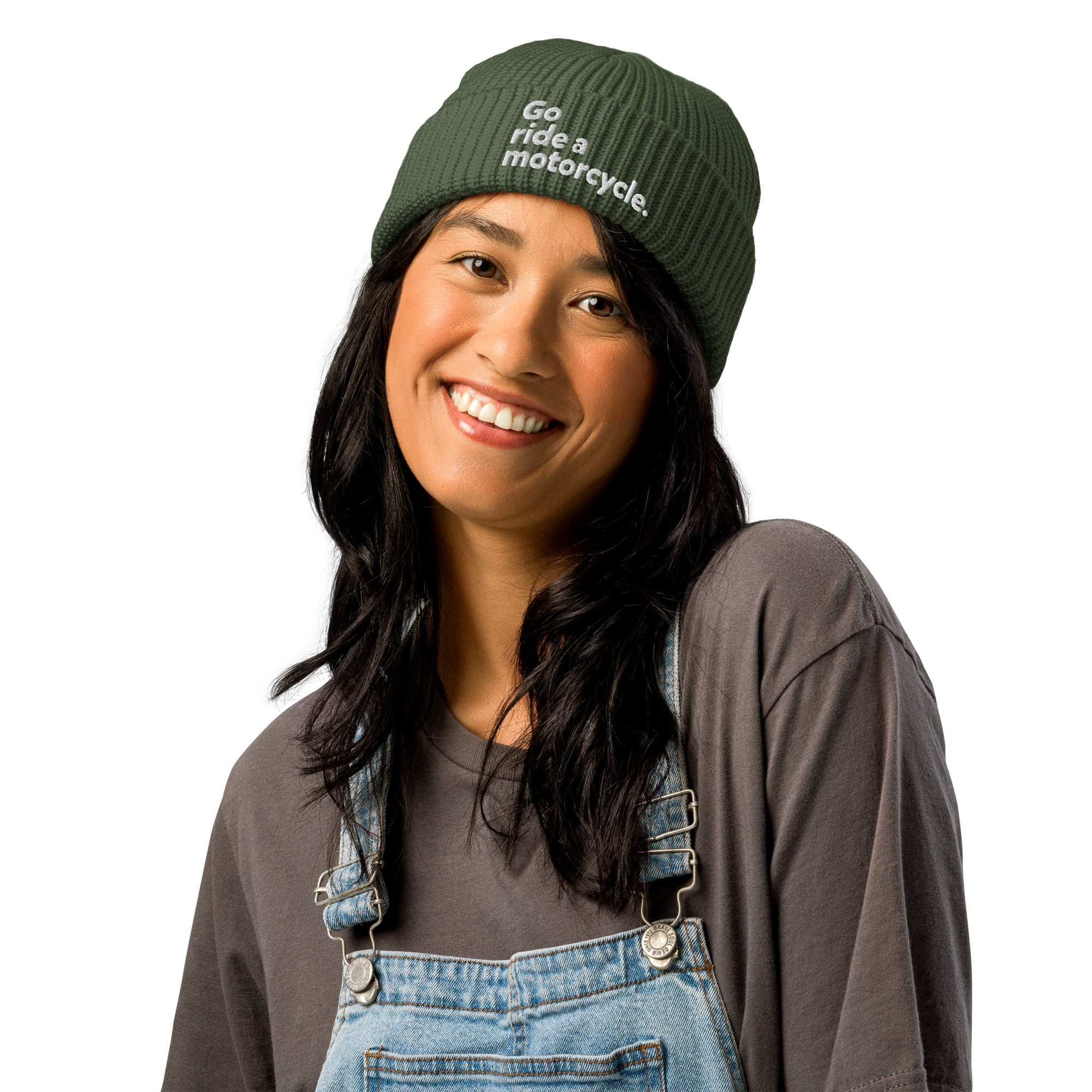 "Go ride a motorcycle" Embroidered Dark Fisherman Beanie