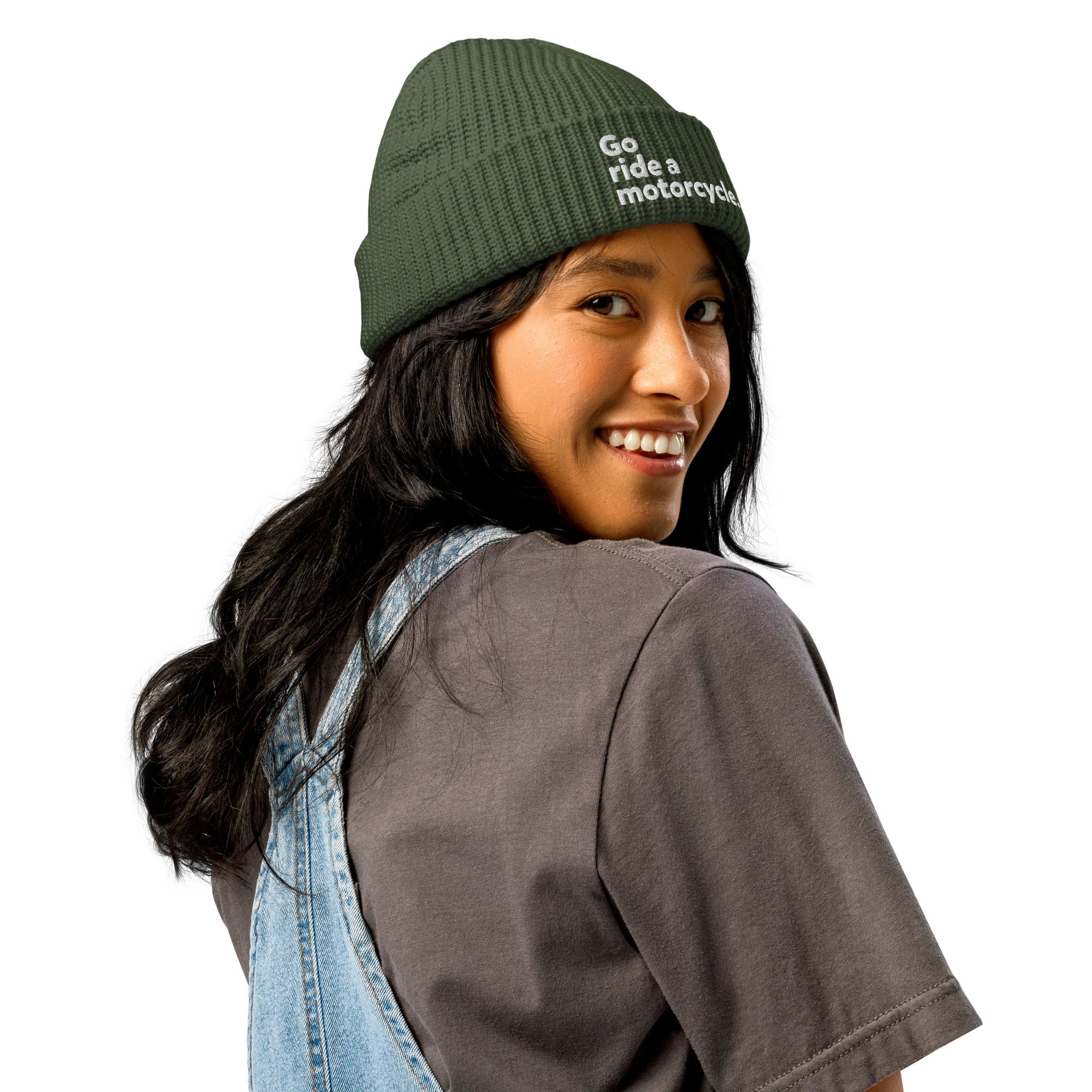 "Go ride a motorcycle" Embroidered Dark Fisherman Beanie