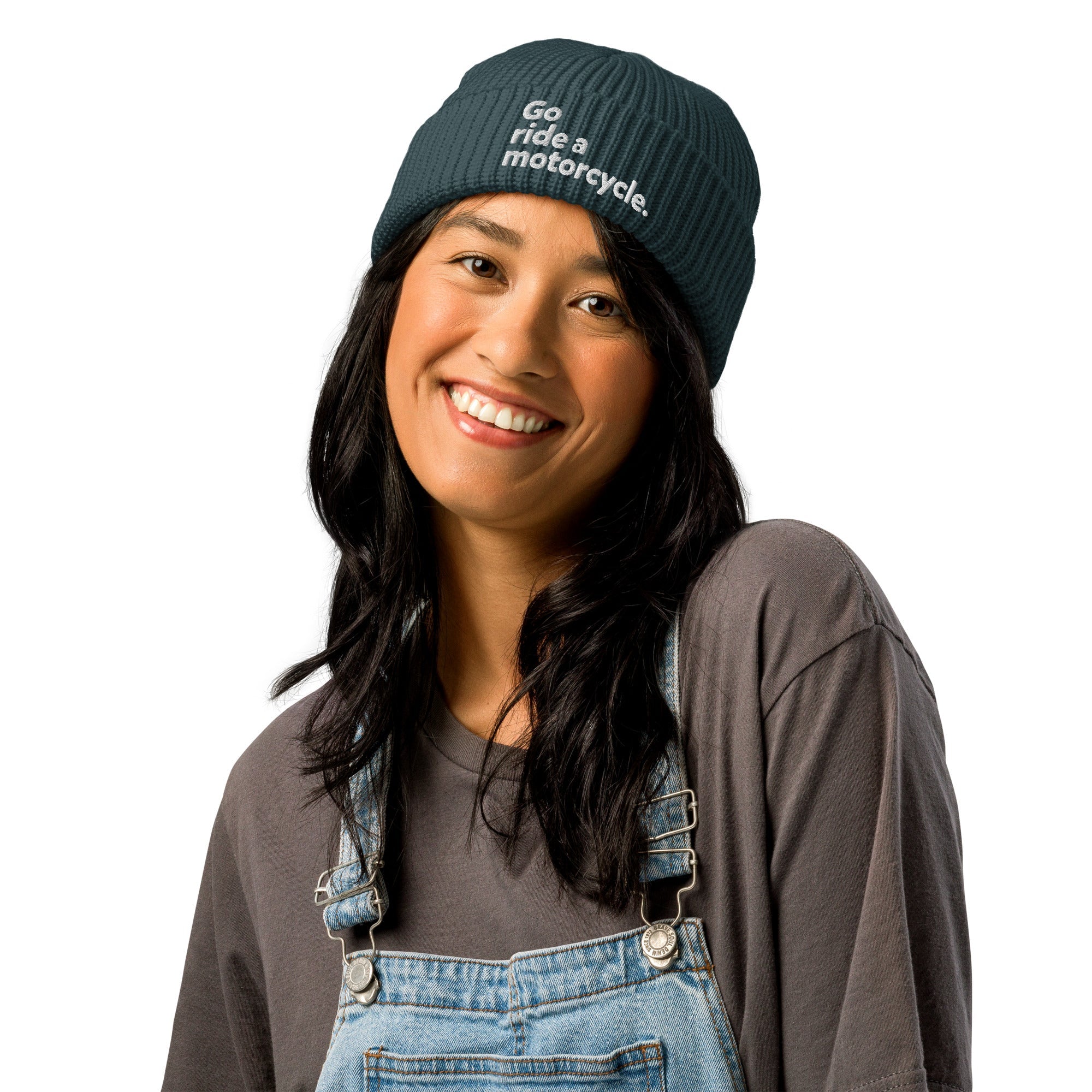 "Go ride a motorcycle" Embroidered Dark Fisherman Beanie