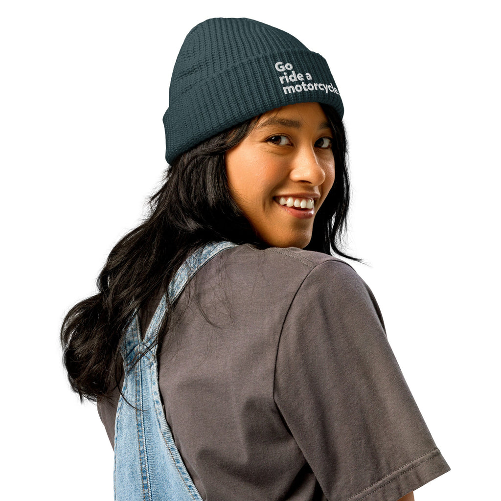 "Go ride a motorcycle" Embroidered Dark Fisherman Beanie
