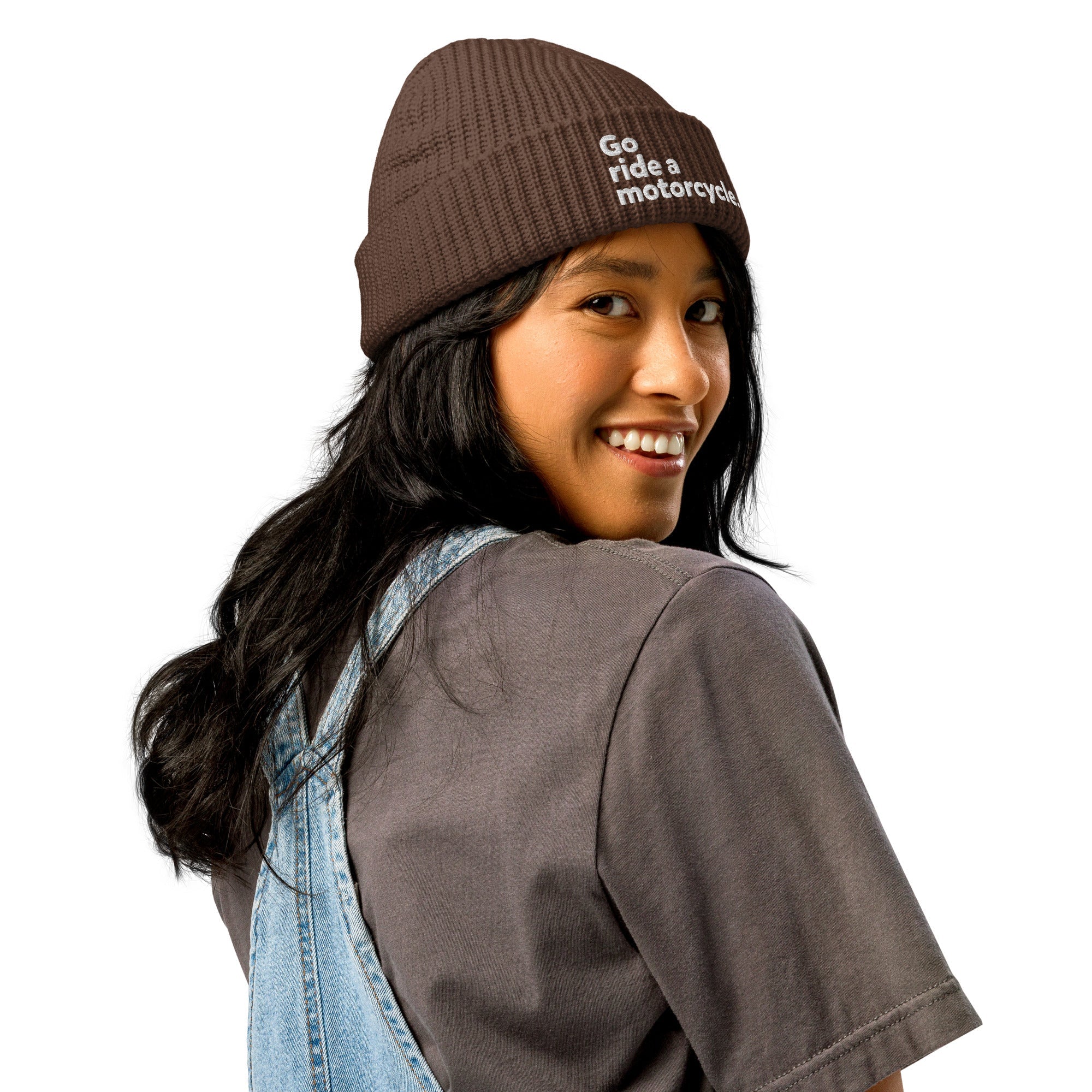 "Go ride a motorcycle" Embroidered Dark Fisherman Beanie