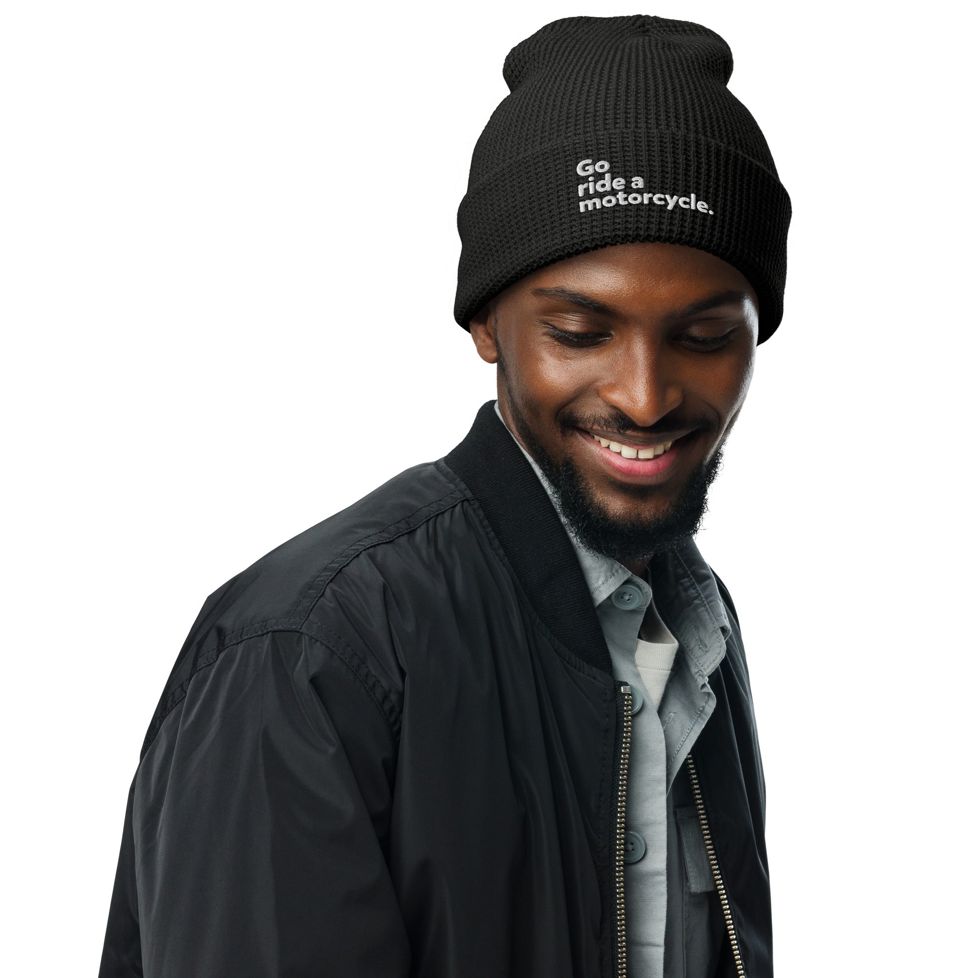 "Go ride a motorcycle" Embroidered Waffle Beanie