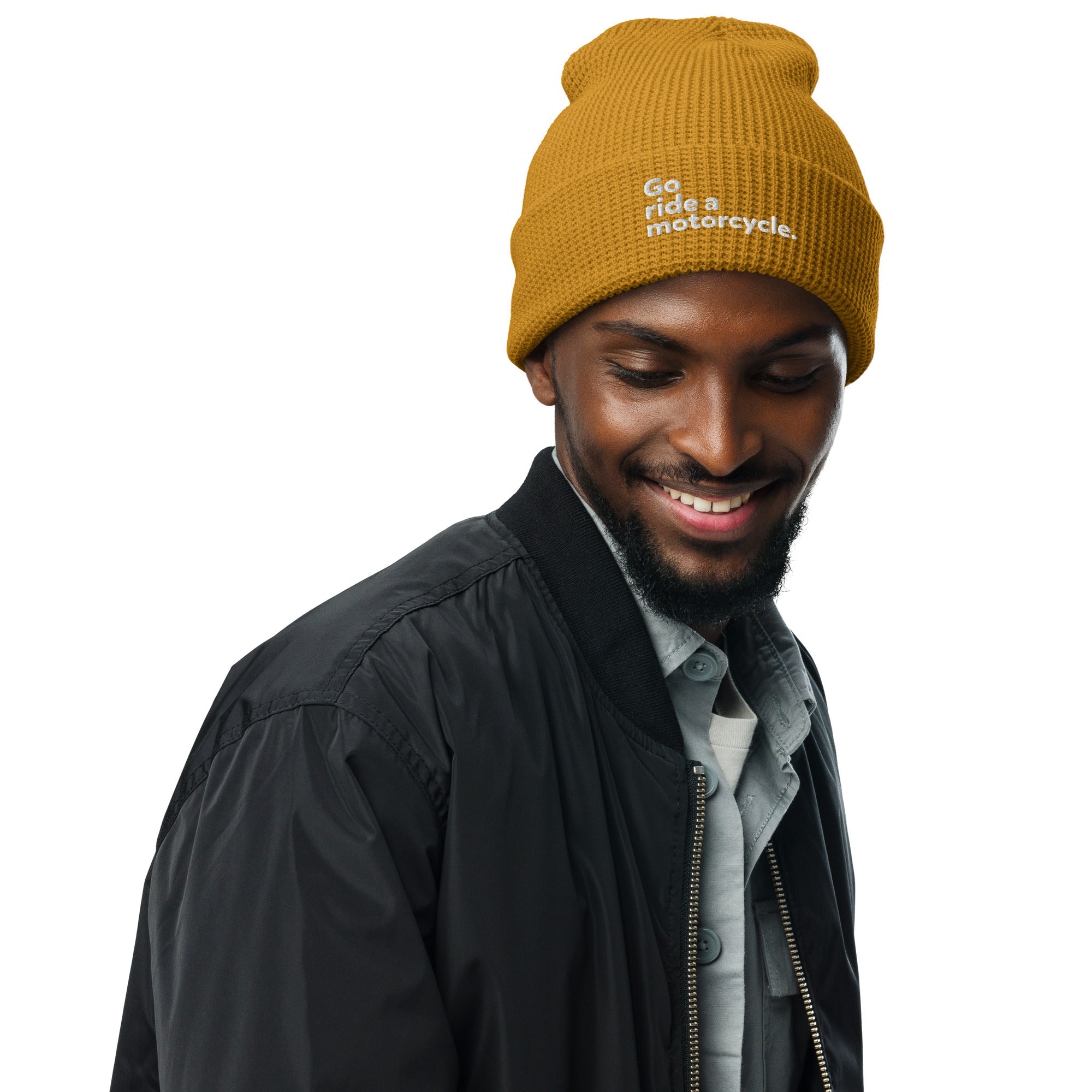 "Go ride a motorcycle" Embroidered Waffle Beanie