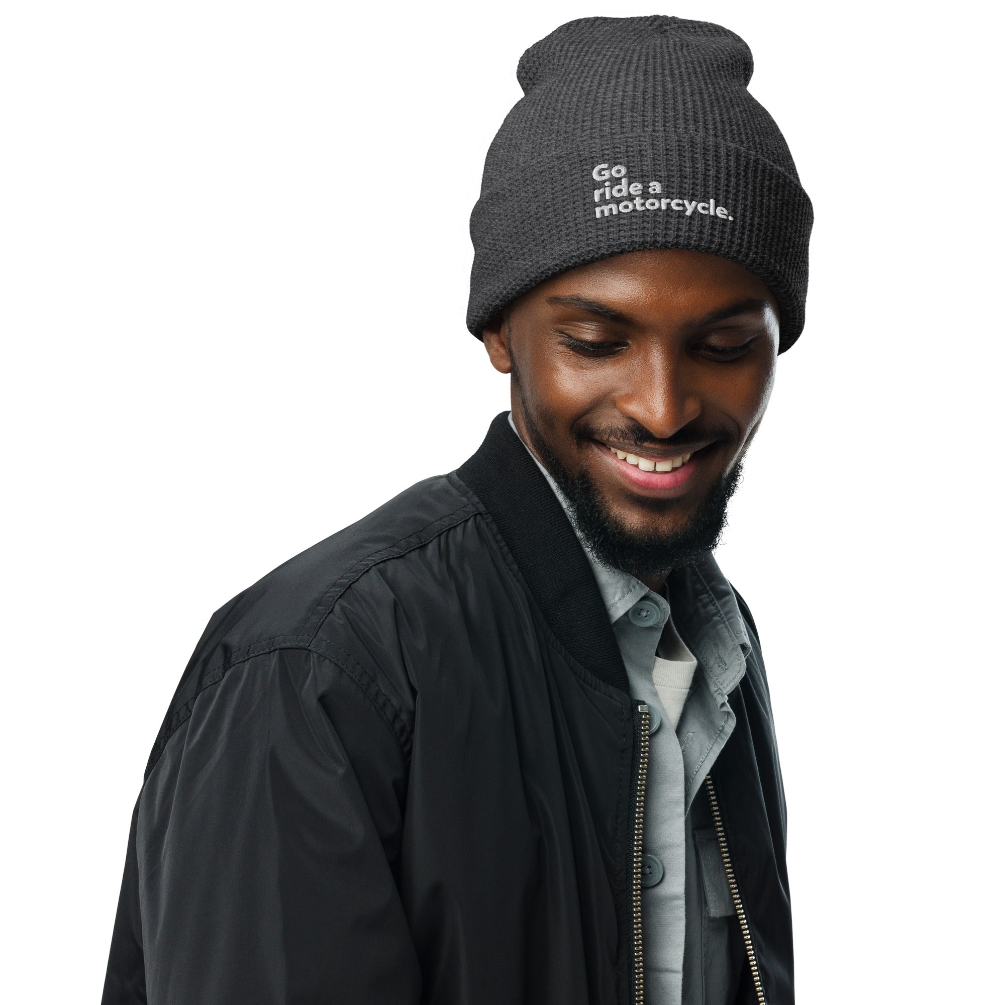 "Go ride a motorcycle" Embroidered Waffle Beanie