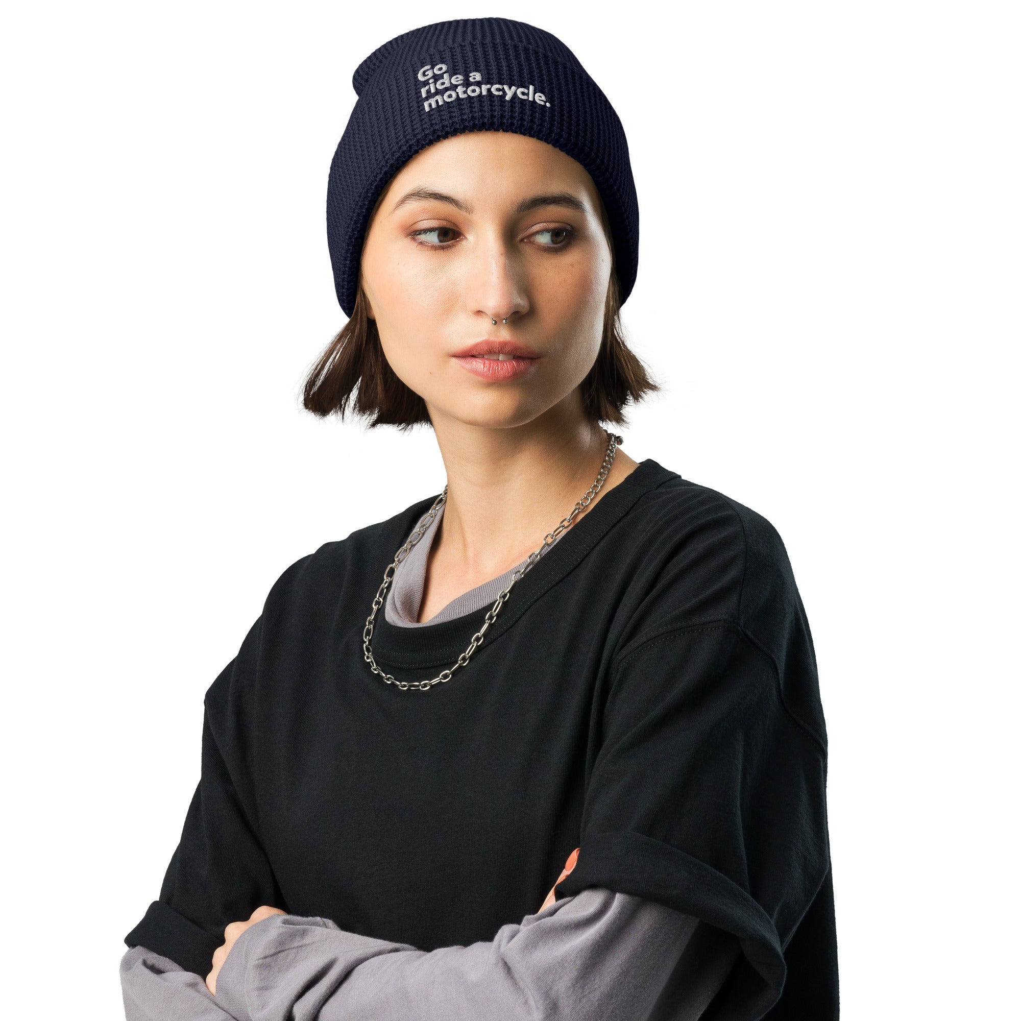 "Go ride a motorcycle" Embroidered Waffle Beanie