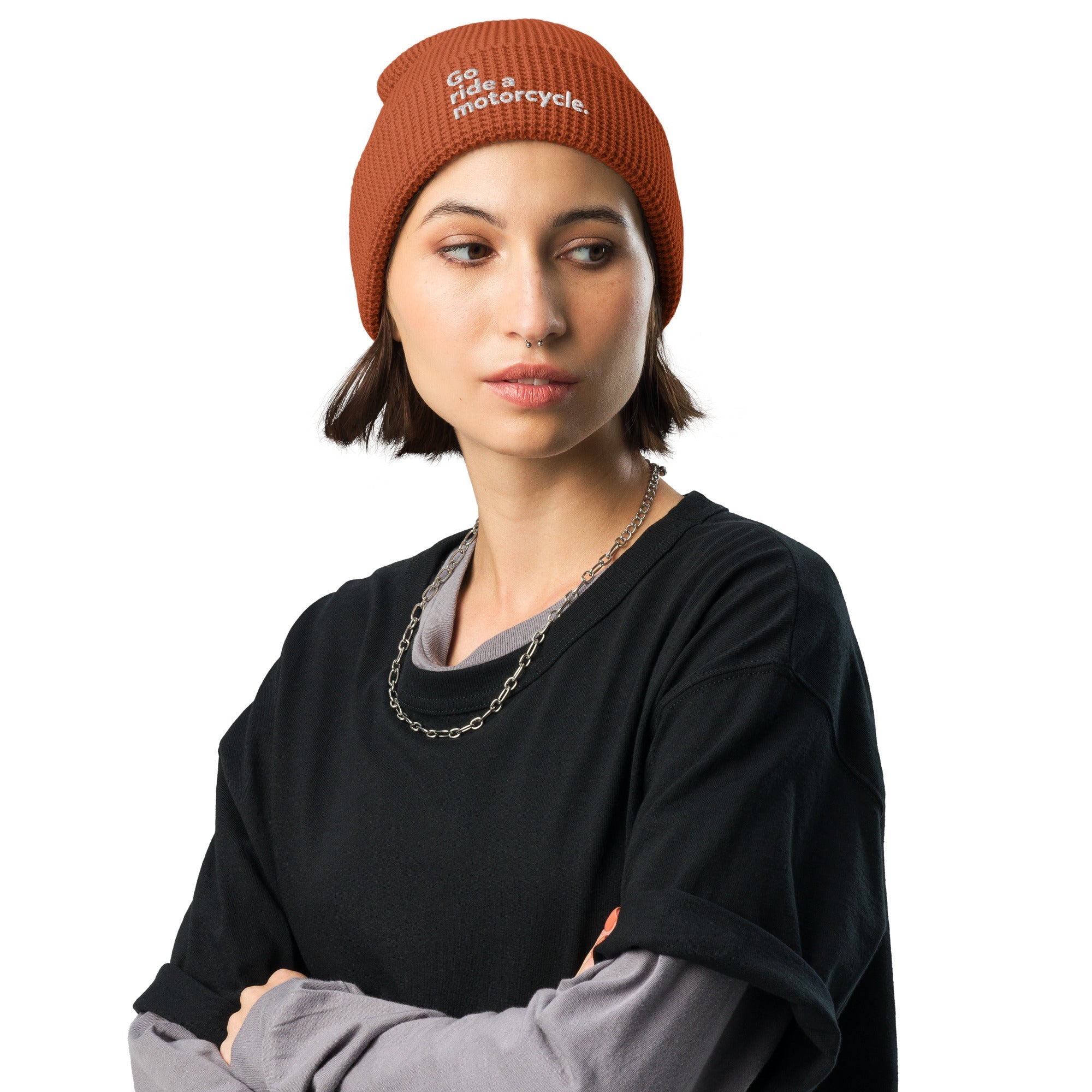 "Go ride a motorcycle" Embroidered Waffle Beanie